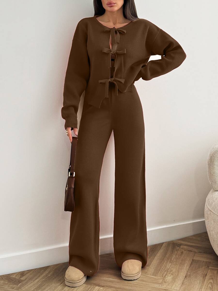 EURMUSE Women Bow Tie Front Detailed Cardigan And Sweater Pant 2 Two Pieces Set - Brown - View 1