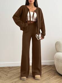 EURMUSE Women Bow Tie Front Detailed Cardigan And Sweater Pant 2 Two Pieces Set - Brown - View 6