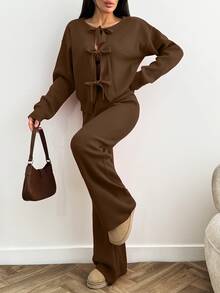 EURMUSE Women Bow Tie Front Detailed Cardigan And Sweater Pant 2 Two Pieces Set - Brown - View 5