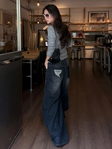 DAZY Celana Jeans Denim Wanita Longgar Kasual Gaya Korea dengan Efek Sobek dan Dicuci untuk Musim Gugur - Biru - View 9