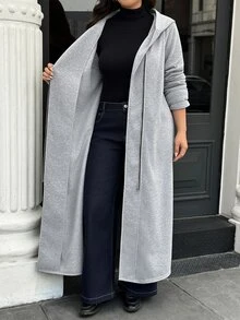 Easura Plus Size Grey Knit Hoodie Zip-Up Long Sweatshirt Jacket, Casual Commute Autumn/Winter Outerwear - Grey - View 5