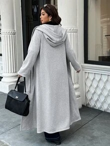Easura Plus Size Grey Knit Hoodie Zip-Up Long Sweatshirt Jacket, Casual Commute Autumn/Winter Outerwear - Grey - View 4
