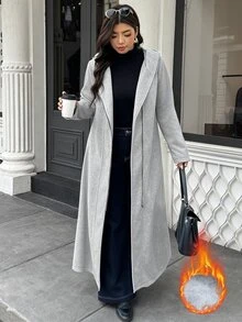 Easura Plus Size Grey Knit Hoodie Zip-Up Long Sweatshirt Jacket, Casual Commute Autumn/Winter Outerwear - Grey - View 1