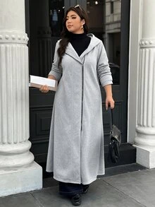 Easura Plus Size Grey Knit Hoodie Zip-Up Long Sweatshirt Jacket, Casual Commute Autumn/Winter Outerwear - Grey - View 6
