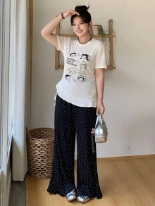 Betty Boop x DAZY Curve Kaos Ukuran Besar Motif Kartun Pas Badan Gaya Seksi dengan Hiasan Rumbai dan Patchwork, Kaos Grafis Musim Semi, Musim Panas, dan Musim Gugur - Krem - View 4