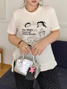 Betty Boop x DAZY Curve Kaos Ukuran Besar Motif Kartun Pas Badan Gaya Seksi dengan Hiasan Rumbai dan Patchwork, Kaos Grafis Musim Semi, Musim Panas, dan Musim Gugur - Krem - View 8