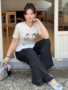 Betty Boop x DAZY Curve Kaos Ukuran Besar Motif Kartun Pas Badan Gaya Seksi dengan Hiasan Rumbai dan Patchwork, Kaos Grafis Musim Semi, Musim Panas, dan Musim Gugur - Krem - View 9