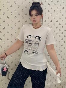 Betty Boop x DAZY Curve Kaos Ukuran Besar Motif Kartun Pas Badan Gaya Seksi dengan Hiasan Rumbai dan Patchwork, Kaos Grafis Musim Semi, Musim Panas, dan Musim Gugur - Krem - View 10