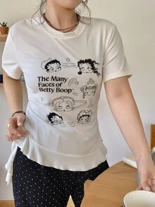 Betty Boop x DAZY Curve Kaos Ukuran Besar Motif Kartun Pas Badan Gaya Seksi dengan Hiasan Rumbai dan Patchwork, Kaos Grafis Musim Semi, Musim Panas, dan Musim Gugur - Krem - View 3