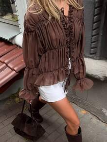 Siren Gaze Brown Chiffon Ruffle Elegant Blouse For Women - Brown - View 5