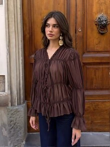 Siren Gaze Brown Chiffon Ruffle Elegant Blouse For Women - Brown - View 6
