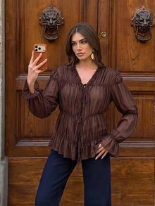 Siren Gaze Brown Chiffon Ruffle Elegant Blouse For Women - Brown - View 7