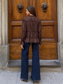 Siren Gaze Brown Chiffon Ruffle Elegant Blouse For Women - Brown - View 2