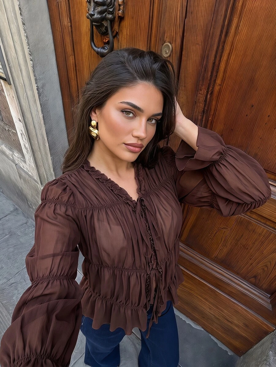Siren Gaze Brown Chiffon Ruffle Elegant Blouse For Women - Brown - View 1