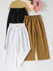SHEIN Little Girls 3Pcs Solid Color Straight Leg Pants, Button Decor Paperbag Waist Textured Trousers Set, Comfort Autumn Clothing - Multicolor - View 4