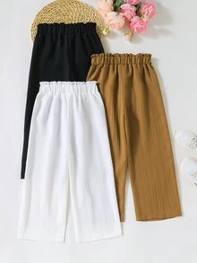 SHEIN Little Girls 3Pcs Solid Color Straight Leg Pants, Button Decor Paperbag Waist Textured Trousers Set, Comfort Autumn Clothing - Multicolor - View 3
