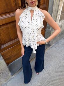 Siren Gaze Vintage Romantic French Polka-Dot Ruffled Sleeveless High-Neck Top Sweet Unique Chiffon Ruffle Elegant White And Black Polka Dot Summer Date Party - Apricot - View 6