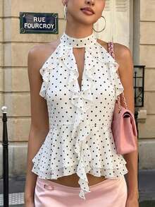 Siren Gaze Vintage Romantic French Polka-Dot Ruffled Sleeveless High-Neck Top Sweet Unique Chiffon Ruffle Elegant White And Black Polka Dot Summer Date Party - Apricot - View 2