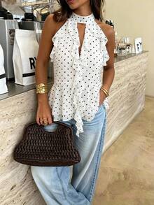 Siren Gaze Vintage Romantic French Polka-Dot Ruffled Sleeveless High-Neck Top Sweet Unique Chiffon Ruffle Elegant White And Black Polka Dot Summer Date Party - Apricot - View 7