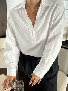 Dazy Plus Solid Color Loose Long Sleeve Casual White Shirt, Spring/Autumn - White - View 5