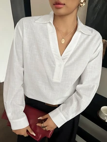 Dazy Plus Solid Color Loose Long Sleeve Casual White Shirt, Spring/Autumn - White - View 4