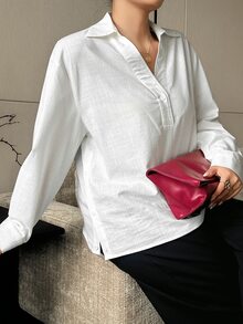 Dazy Plus Solid Color Loose Long Sleeve Casual White Shirt, Spring/Autumn - White - View 6