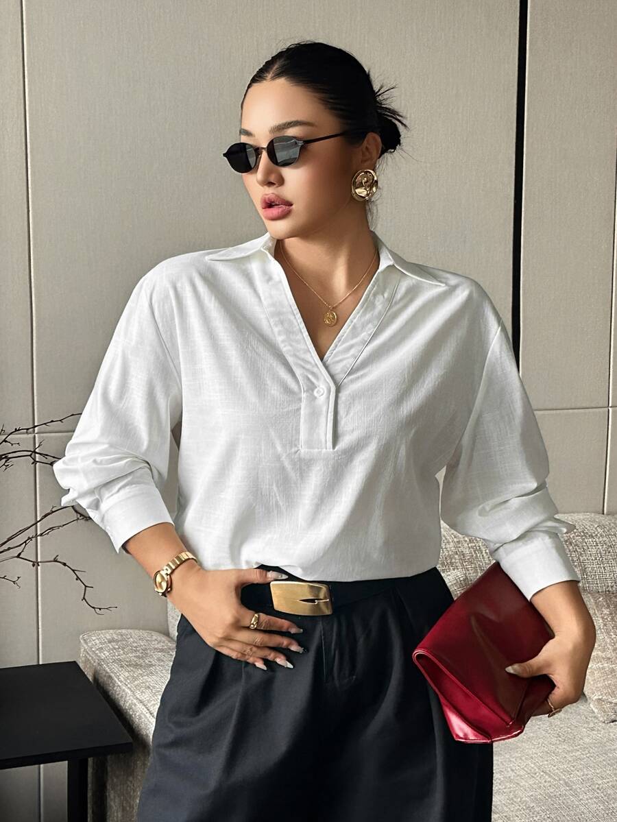 Dazy Plus Solid Color Loose Long Sleeve Casual White Shirt, Spring/Autumn - White - View 1