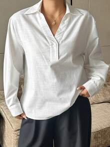 Dazy Plus Solid Color Loose Long Sleeve Casual White Shirt, Spring/Autumn - White - View 7