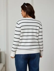 SHEIN Clasi Plus Size Women's Striped Long Sleeve Single-Breasted Casual Knit Cardigan - Black and White - View 2