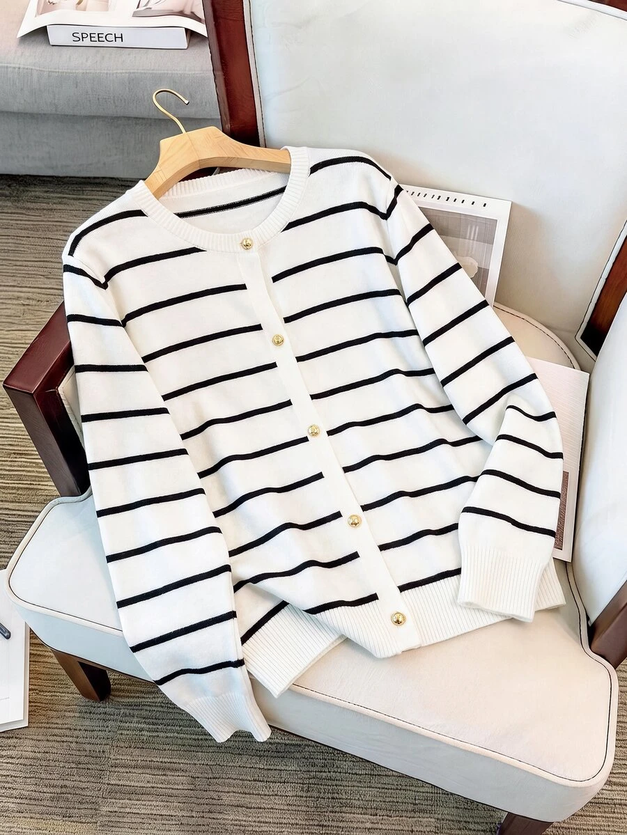 SHEIN Clasi Plus Size Women's Striped Long Sleeve Single-Breasted Casual Knit Cardigan - Black and White - View 1