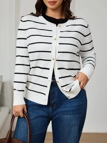 SHEIN Clasi Plus Size Women's Striped Long Sleeve Single-Breasted Casual Knit Cardigan - Black and White - View 3