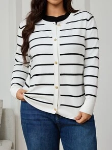 SHEIN Clasi Plus Size Women's Striped Long Sleeve Single-Breasted Casual Knit Cardigan - Black and White - View 6