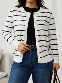 SHEIN Clasi Plus Size Women's Striped Long Sleeve Single-Breasted Casual Knit Cardigan - Black and White - View 5