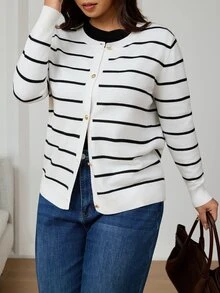 SHEIN Clasi Plus Size Women's Striped Long Sleeve Single-Breasted Casual Knit Cardigan - Black and White - View 7