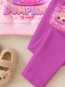 粉色多巴胺亮片軟綿綿包子印花「You're A Shiny Little Dumpling」女童休閒保暖內裡軟綿寬鬆套頭衛衣與緊身褲2件套，秋冬新款，適合日常穿著、外出、運動，俏皮甜酷風，活力學院風，個性休閒時尚，Cyber Sweetheart，Y2K - 彩色 - 查看 6