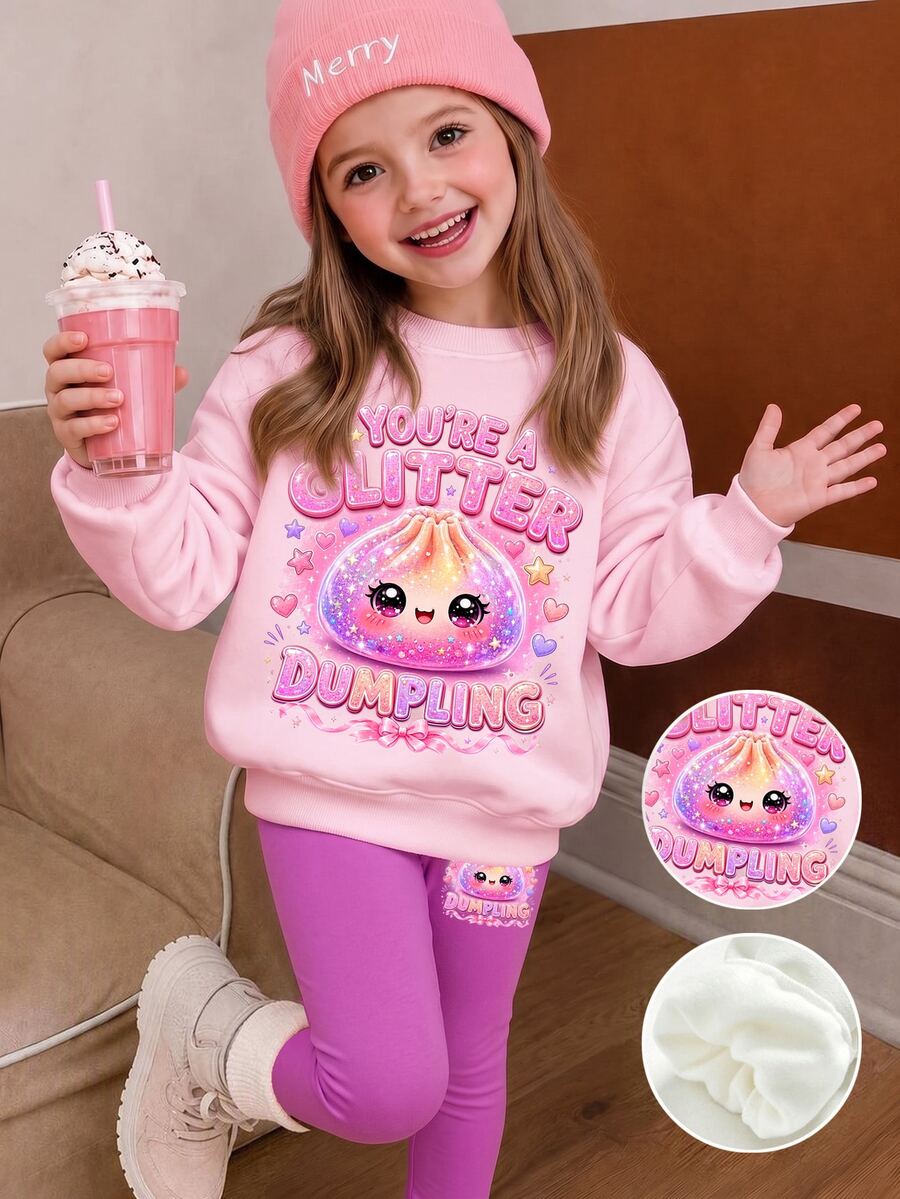 粉色多巴胺亮片軟綿綿包子印花「You're A Shiny Little Dumpling」女童休閒保暖內裡軟綿寬鬆套頭衛衣與緊身褲2件套,秋冬新款,適合日常穿著、外出、運動,俏皮甜酷風,活力學院風,個性休閒時尚,Cyber Sweetheart,Y2K - 彩色 - 查看 1