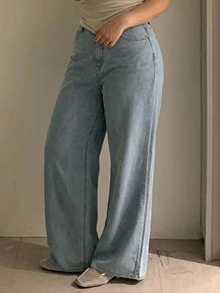 Dazy Plus Solid Color Casual Fitted Straight Leg Jeans, Versatile All-Match Long Pants, All Season Vacation - Light Wash - View 6