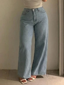Dazy Plus Solid Color Casual Fitted Straight Leg Jeans, Versatile All-Match Long Pants, All Season Vacation - Light Wash - View 1
