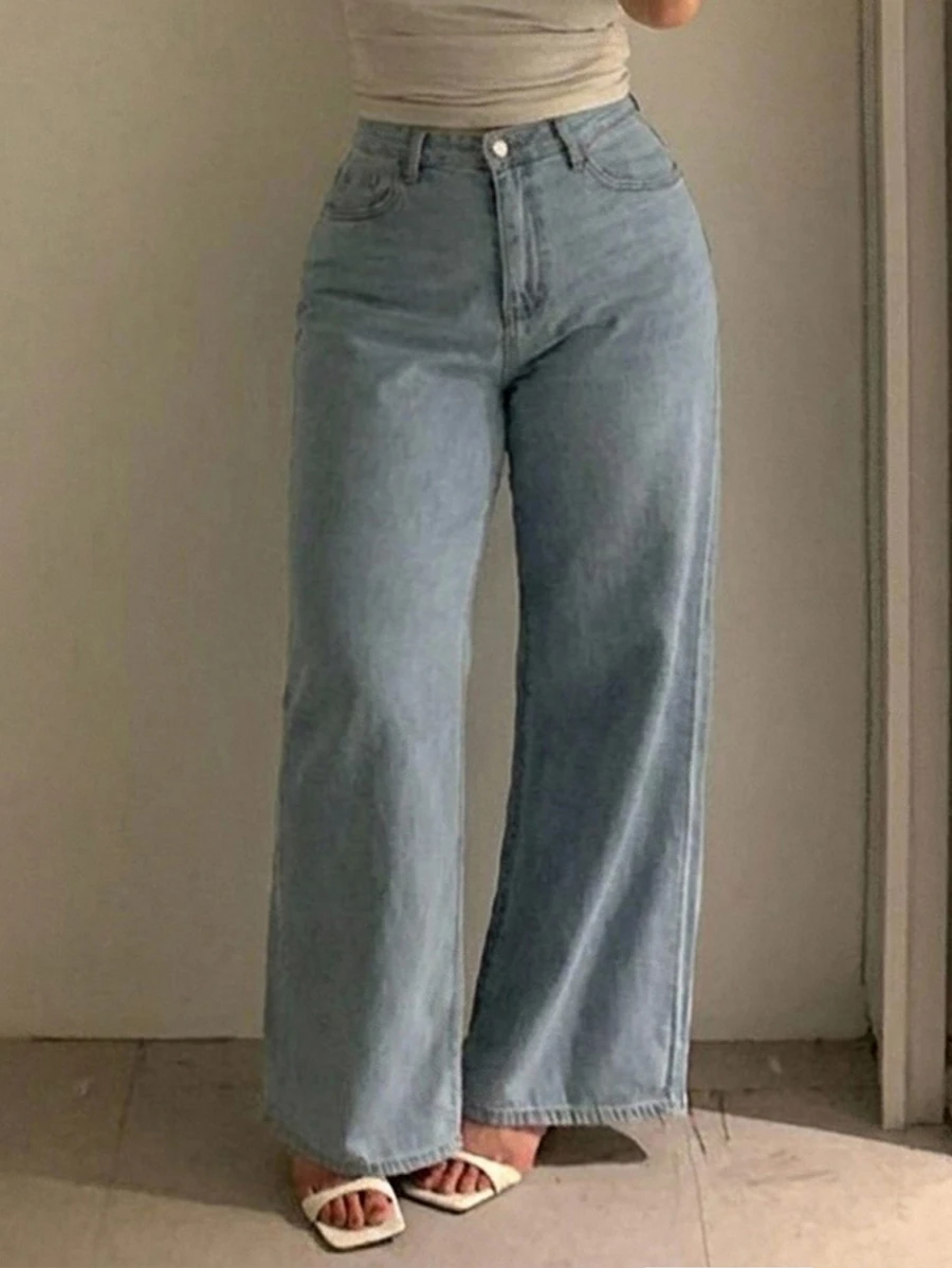 Dazy Plus Solid Color Casual Fitted Straight Leg Jeans, Versatile All-Match Long Pants, All Season Vacation - Light Wash - View 1