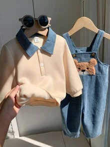 SHEIN 中性新生兒男嬰/女嬰、幼兒秋冬保暖內裡加厚可愛熊刺繡貼布丹寧吊帶褲運動衫套裝，嬰兒冬季套裝，聖誕節 - 霧霾藍 - 查看 4