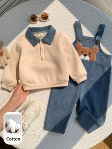 SHEIN 中性新生兒男嬰/女嬰、幼兒秋冬保暖內裡加厚可愛熊刺繡貼布丹寧吊帶褲運動衫套裝，嬰兒冬季套裝，聖誕節 - 霧霾藍 - 查看 1