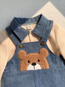 SHEIN 中性新生兒男嬰/女嬰、幼兒秋冬保暖內裡加厚可愛熊刺繡貼布丹寧吊帶褲運動衫套裝，嬰兒冬季套裝，聖誕節 - 霧霾藍 - 查看 7