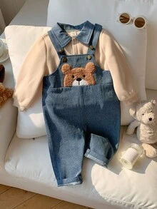 SHEIN 中性新生兒男嬰/女嬰、幼兒秋冬保暖內裡加厚可愛熊刺繡貼布丹寧吊帶褲運動衫套裝，嬰兒冬季套裝，聖誕節 - 霧霾藍 - 查看 6