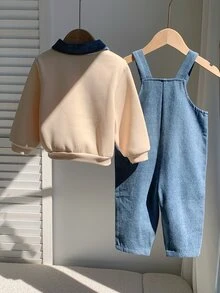 SHEIN 中性新生兒男嬰/女嬰、幼兒秋冬保暖內裡加厚可愛熊刺繡貼布丹寧吊帶褲運動衫套裝，嬰兒冬季套裝，聖誕節 - 霧霾藍 - 查看 2
