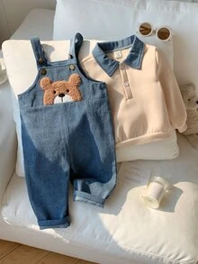 SHEIN 中性新生兒男嬰/女嬰、幼兒秋冬保暖內裡加厚可愛熊刺繡貼布丹寧吊帶褲運動衫套裝，嬰兒冬季套裝，聖誕節 - 霧霾藍 - 查看 3