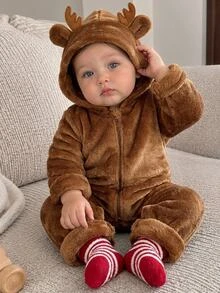 SHEIN Baby Boy Autumn/Winter Fleece Lined Thickened Deer Design Plush Hooded Romper - Brown - View 7