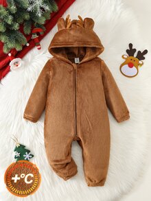 SHEIN Baby Boy Autumn/Winter Fleece Lined Thickened Deer Design Plush Hooded Romper - Brown - View 3