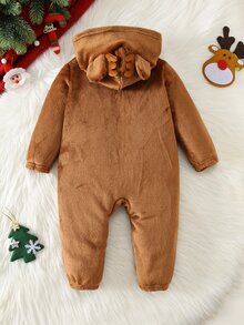 SHEIN Baby Boy Autumn/Winter Fleece Lined Thickened Deer Design Plush Hooded Romper - Brown - View 2