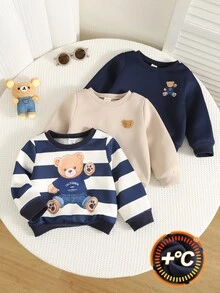 SHEIN 男女嬰兒/幼兒 3件組 秋冬加厚抓絨內裡可愛熊圖案運動衫套裝，嬰兒冬季上衣/運動衫，聖誕 - 藏蓝色 - 查看 3