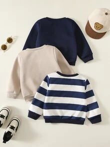 SHEIN 男女嬰兒/幼兒 3件組 秋冬加厚抓絨內裡可愛熊圖案運動衫套裝，嬰兒冬季上衣/運動衫，聖誕 - 藏蓝色 - 查看 2